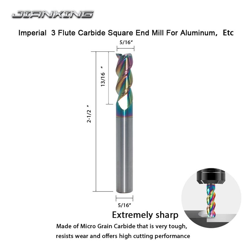 JIANXING Carbide Square End Mill for Aluminum, Copper Alloy, Plastic, 5/16" End Mill Bits, 3 Flute HRC 55 Deg DLC Coating, CNC Router Bits (4 Pieces) - Image 2